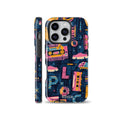 Retro 90s Y2K doodle style phone case featuring colorful cassette tapes, sneakers, and donuts on dark navy background for iPhone, Samsung, and Pixel.