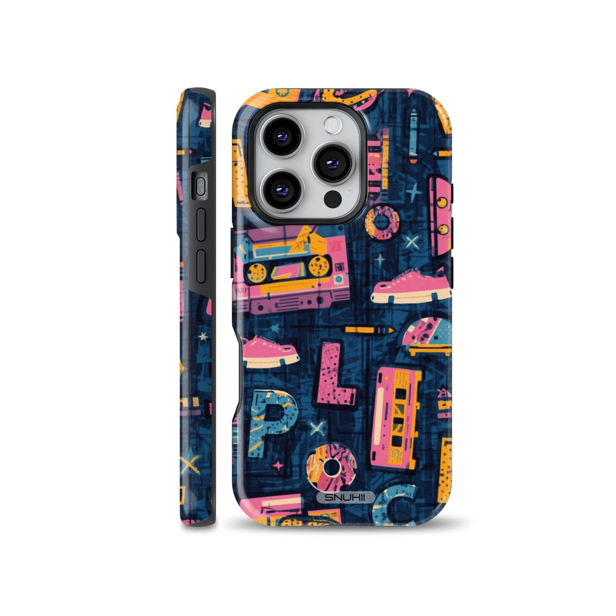 Retro 90s Y2K doodle style phone case featuring colorful cassette tapes, sneakers, and donuts on dark navy background for iPhone, Samsung, and Pixel.