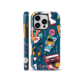 Retro 90s aesthetic blue phone case featuring vintage cassette tape, headphones, varsity letters, and colorful doodles for iPhone, Samsung, and Pixel.