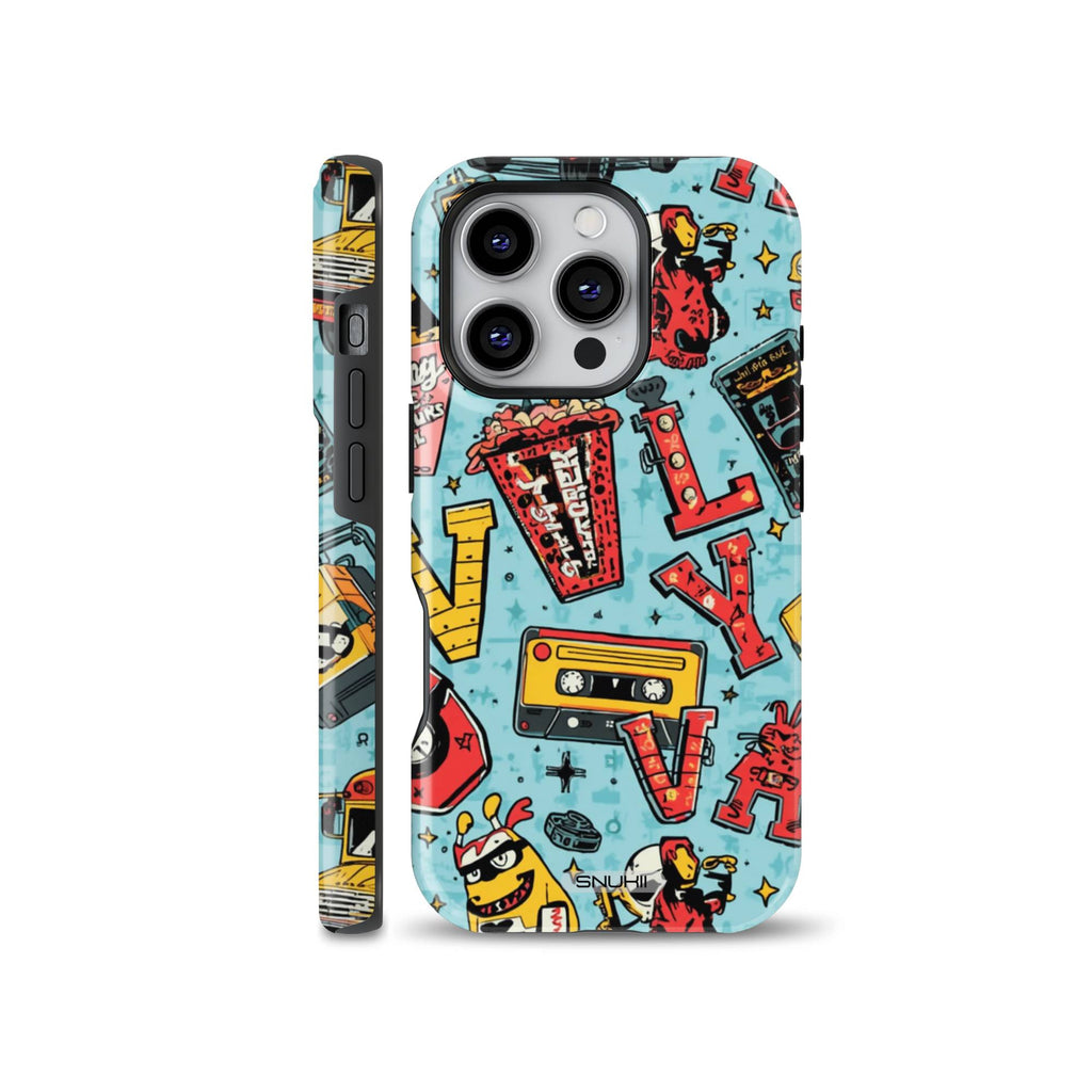 Bright blue phone case featuring retro 90s doodles, vintage cassette tape, school bus, popcorn container, and comic illustrations for iPhone, Samsung, and Pixel.