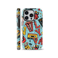 Bright blue phone case featuring retro 90s doodles, vintage cassette tape, school bus, popcorn container, and comic illustrations for iPhone, Samsung, and Pixel.