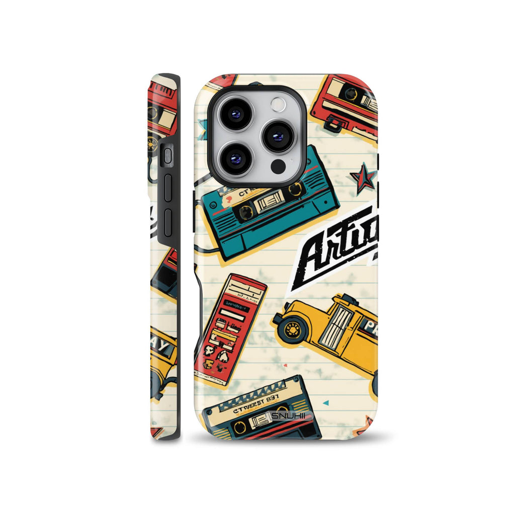 Retro vintage phone case with cassette tape and classic yellow bus illustrations on a lined background for iPhone, Samsung, and Pixel.