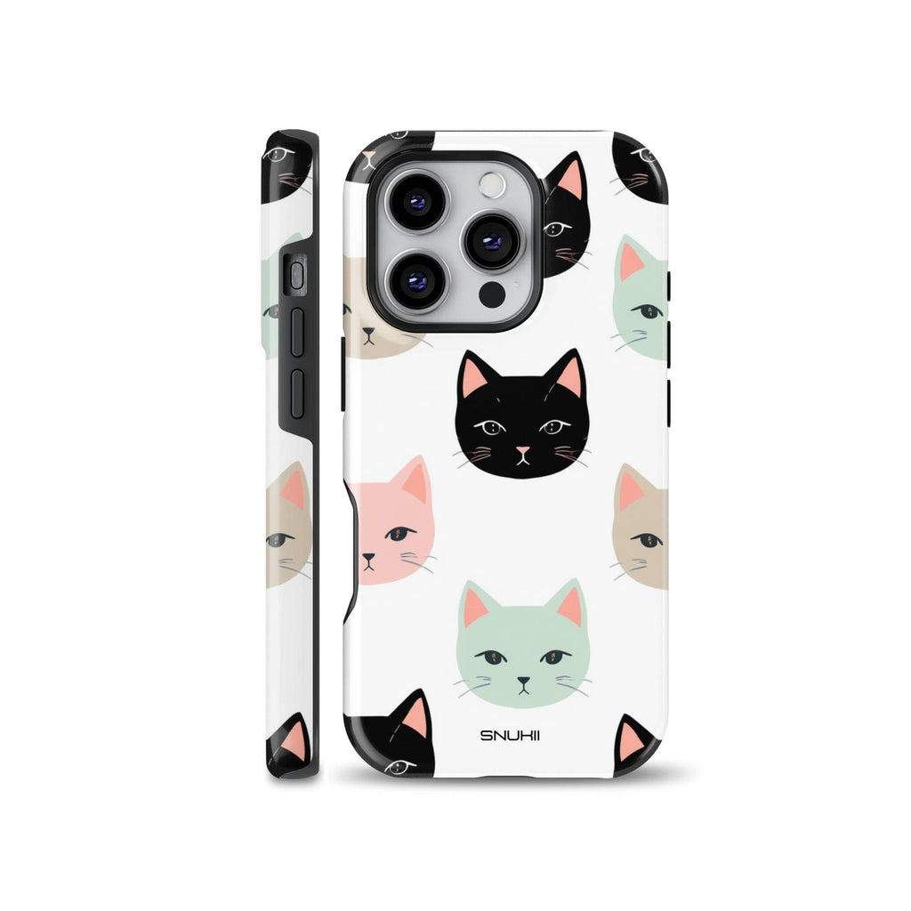 Cute minimalist cat pattern phone case compatible with iPhone, Samsung, and Google Pixel, featuring colorful black, pastel green, pink, and beige cat faces on a smooth white background.
