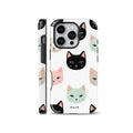 Cute minimalist cat pattern phone case compatible with iPhone, Samsung, and Google Pixel, featuring colorful black, pastel green, pink, and beige cat faces on a smooth white background.