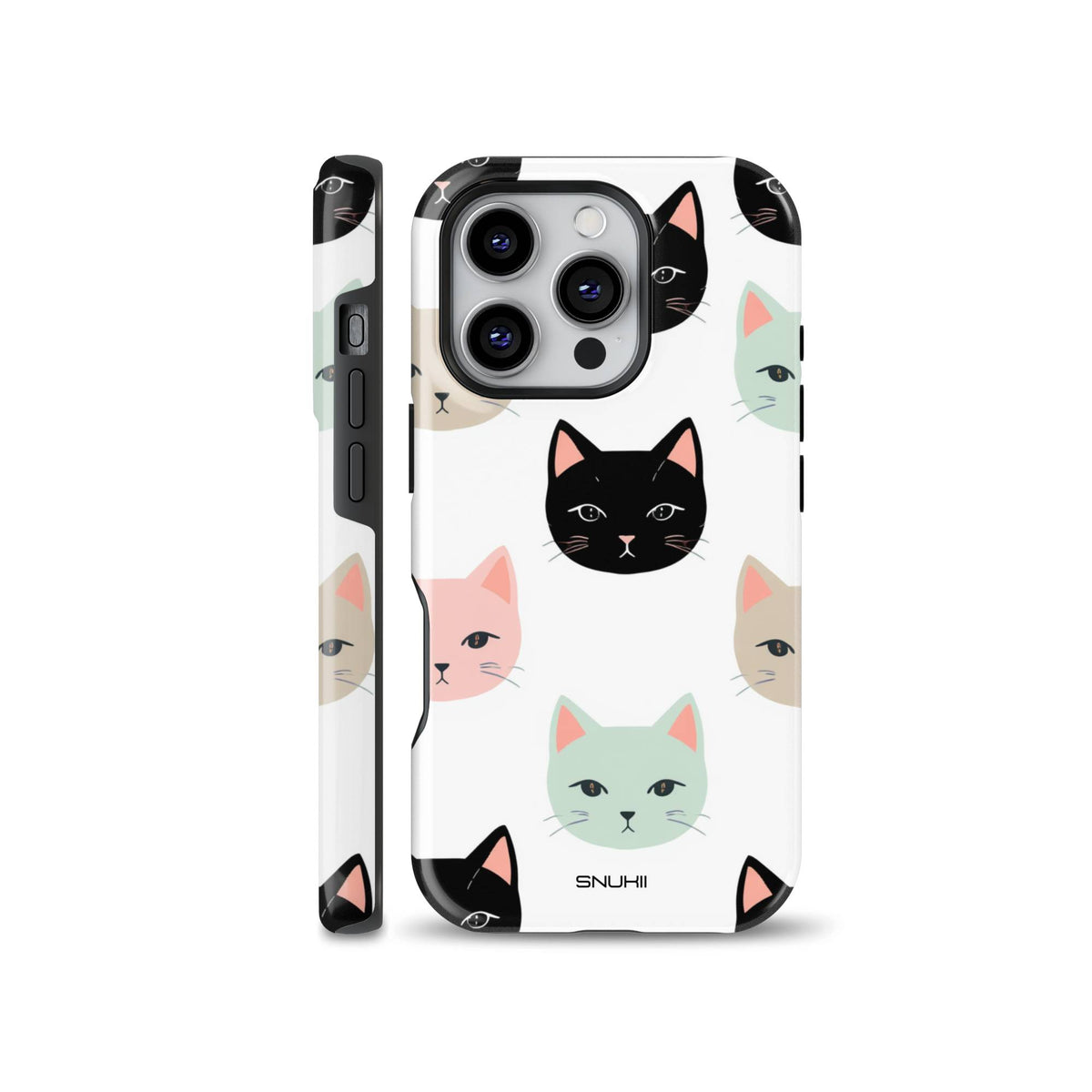 Cute minimalist cat pattern phone case compatible with iPhone, Samsung, and Google Pixel, featuring colorful black, pastel green, pink, and beige cat faces on a smooth white background.