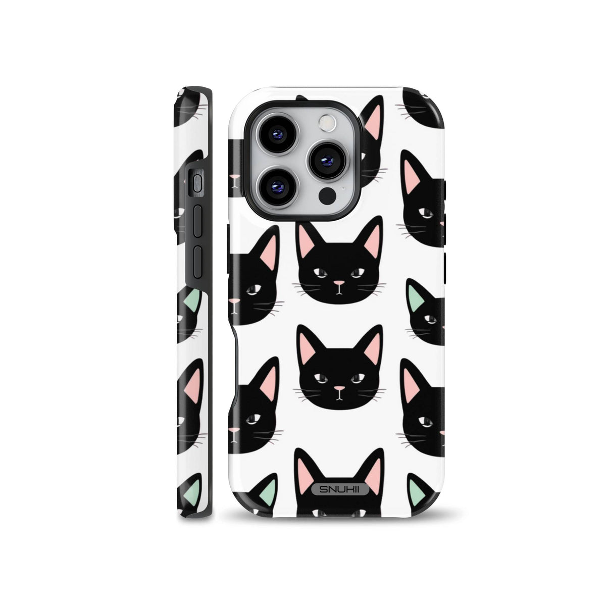 Seamless black cat pattern phone case compatible with iPhone, Samsung, and Google Pixel, featuring cute black cat heads with pink and mint ears on a clean white background.