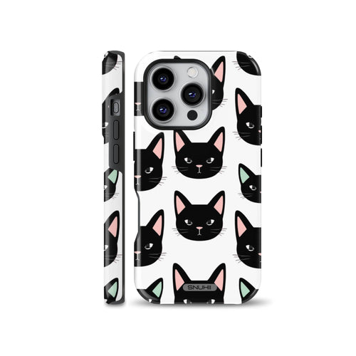 Seamless black cat pattern phone case compatible with iPhone, Samsung, and Google Pixel, featuring cute black cat heads with pink and mint ears on a clean white background.