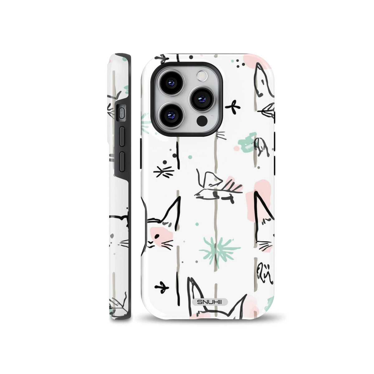 Abstract doodle line art cat phone case compatible with iPhone, Samsung, and Google Pixel, featuring artistic black cat sketches and pastel pink and mint green accents on a white background.