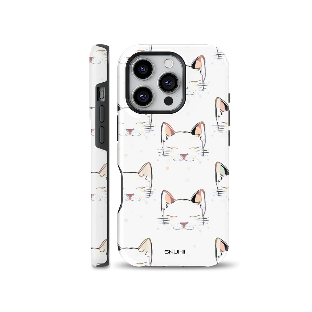 Cute white sleeping cat pattern phone case compatible with iPhone, Samsung, and Google Pixel, featuring delicate line art and pastel pink accents on a smooth white background.
