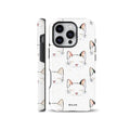 Cute white sleeping cat pattern phone case compatible with iPhone, Samsung, and Google Pixel, featuring delicate line art and pastel pink accents on a smooth white background.