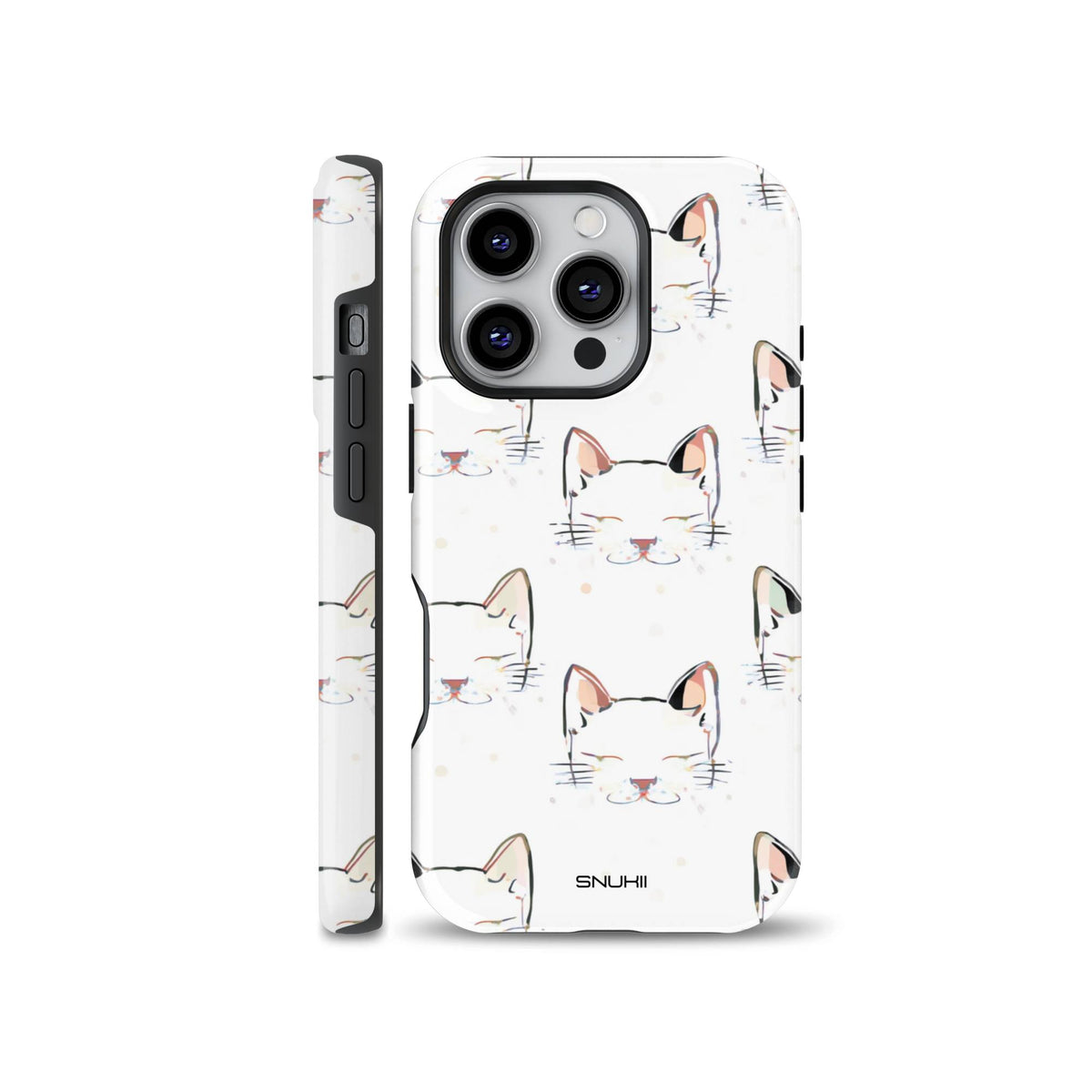 Cute white sleeping cat pattern phone case compatible with iPhone, Samsung, and Google Pixel, featuring delicate line art and pastel pink accents on a smooth white background.