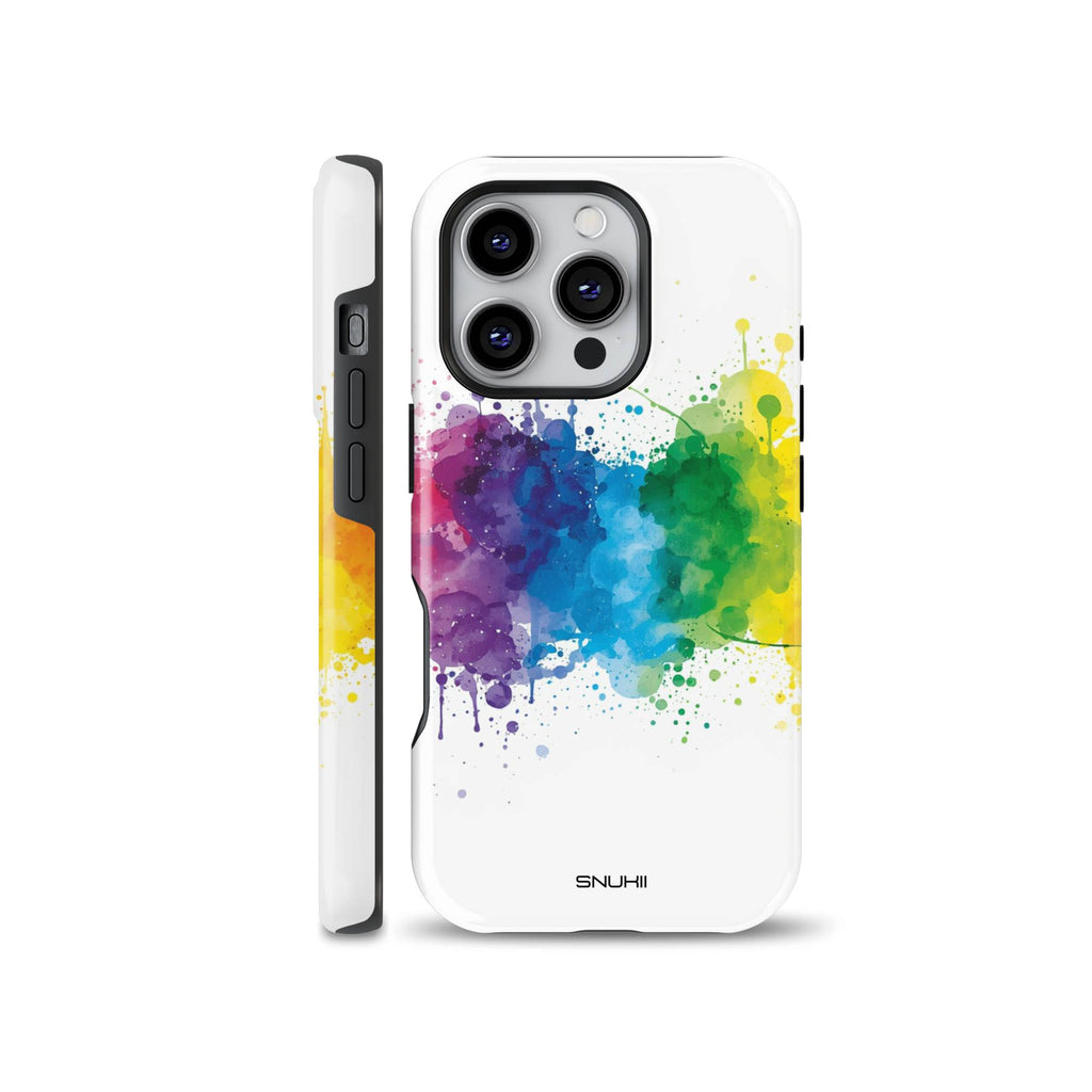 Vibrant rainbow watercolor paint splash phone case compatible with iPhone, Samsung, and Google Pixel, featuring colorful abstract splatter art on a clean white background.