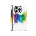 Vibrant rainbow watercolor paint splash phone case compatible with iPhone, Samsung, and Google Pixel, featuring colorful abstract splatter art on a clean white background.