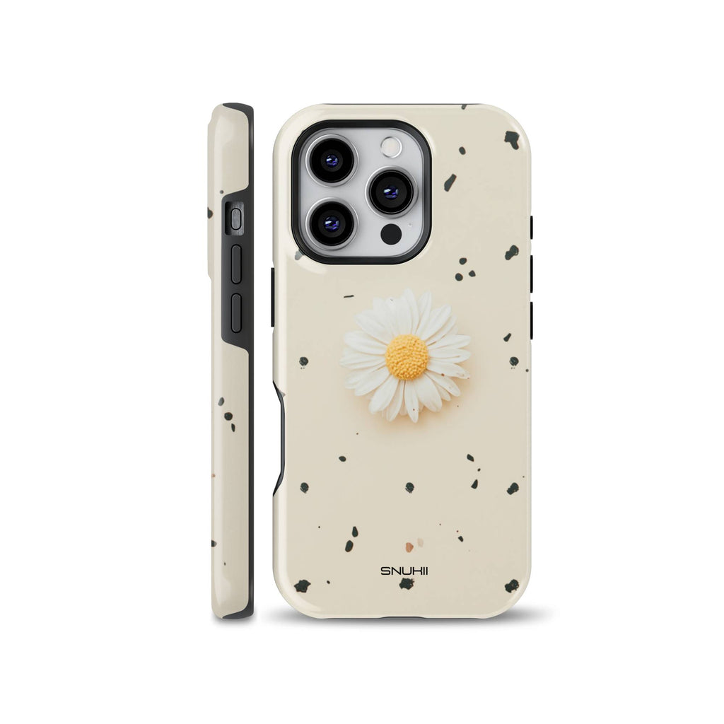 Aesthetic cream daisy phone case compatible with iPhone, Samsung, and Google Pixel, featuring a realistic white daisy flower and subtle dark terrazzo speckles on a warm beige background.