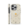 Aesthetic cream daisy phone case compatible with iPhone, Samsung, and Google Pixel, featuring a realistic white daisy flower and subtle dark terrazzo speckles on a warm beige background.