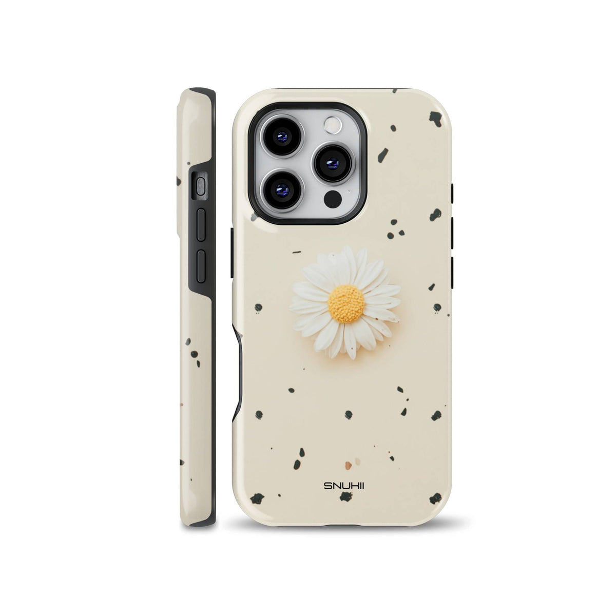 Aesthetic cream daisy phone case compatible with iPhone, Samsung, and Google Pixel, featuring a realistic white daisy flower and subtle dark terrazzo speckles on a warm beige background.