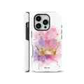 Royal gold crown phone case compatible with iPhone, Samsung, and Google Pixel, featuring an intricate golden crown on a pink and purple watercolor splash with gold glitter dots.