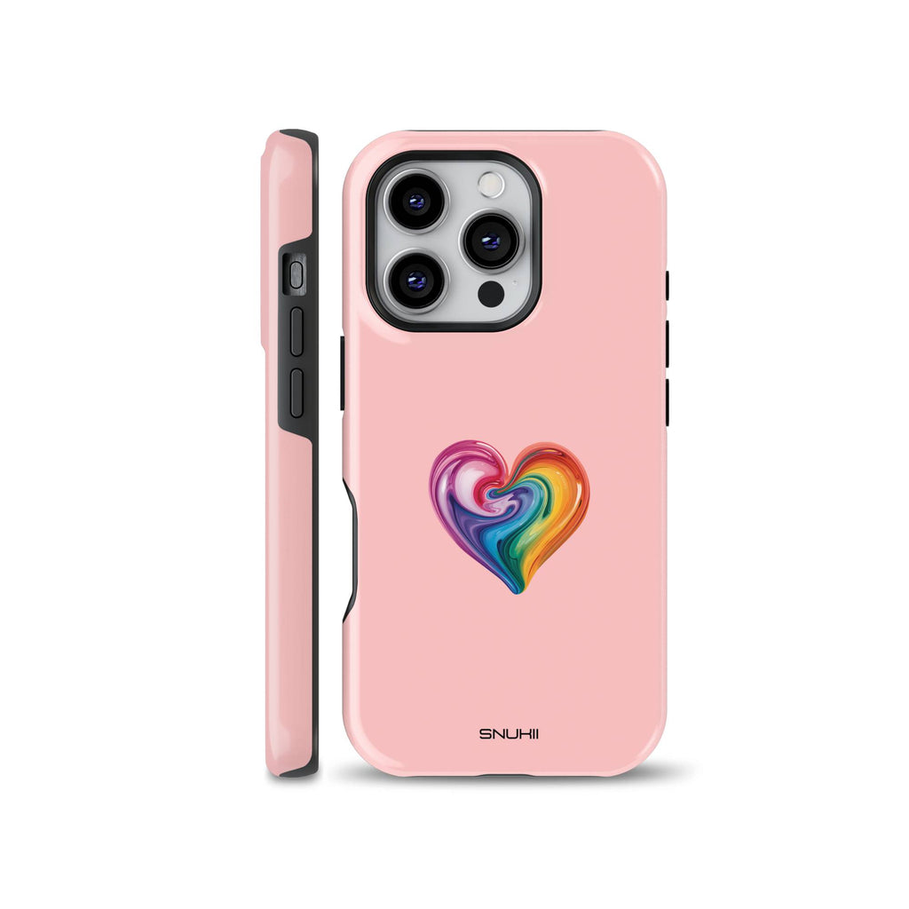Vibrant 3D rainbow swirl heart design centered on a soft pastel pink tough phone case, compatible with iPhone, Samsung Galaxy, and Google Pixel devices.