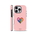 Vibrant 3D rainbow swirl heart design centered on a soft pastel pink tough phone case, compatible with iPhone, Samsung Galaxy, and Google Pixel devices.