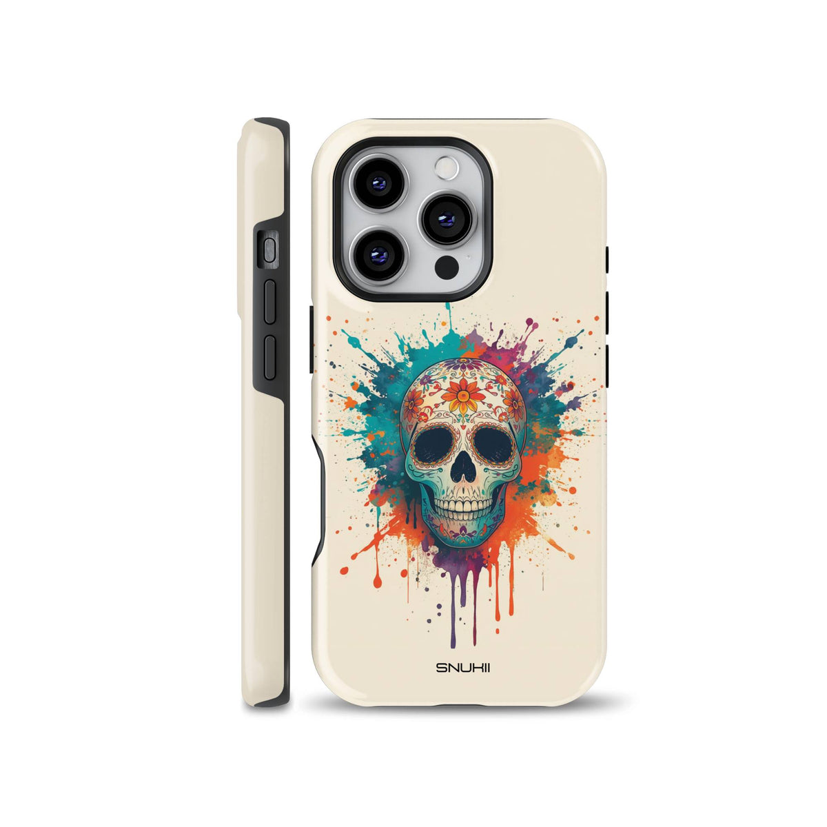 Artistic watercolor sugar skull design with colorful paint splatters on a cream-colored phone case, tailored for iPhone, Samsung, and Pixel models.