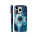 Abstract blue marble phone case featuring a central mystic evil eye motif highlighted with gold glitter details, designed for iPhone, Samsung Galaxy, and Google Pixel models.