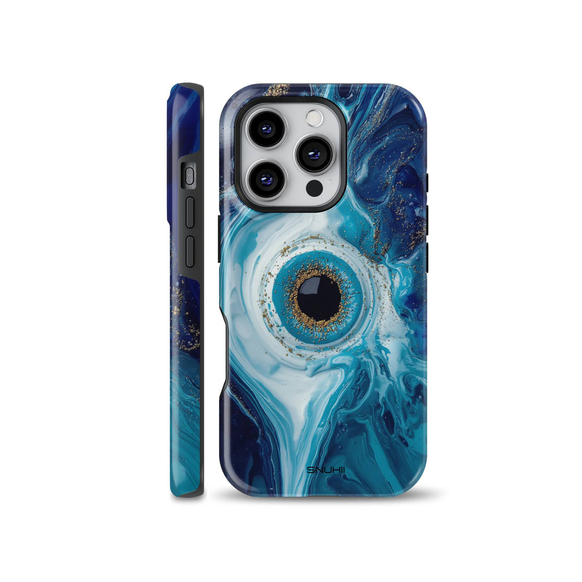 Abstract blue marble phone case featuring a central mystic evil eye motif highlighted with gold glitter details, designed for iPhone, Samsung Galaxy, and Google Pixel models.