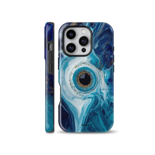 Abstract blue marble phone case featuring a central mystic evil eye motif highlighted with gold glitter details, designed for iPhone, Samsung Galaxy, and Google Pixel models.