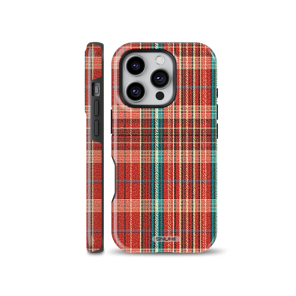 Classic red tartan plaid pattern phone case with subtle teal and yellow accents, designed for iPhone, Samsung Galaxy, and Google Pixel models.