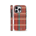 Classic red tartan plaid pattern phone case with subtle teal and yellow accents, designed for iPhone, Samsung Galaxy, and Google Pixel models.