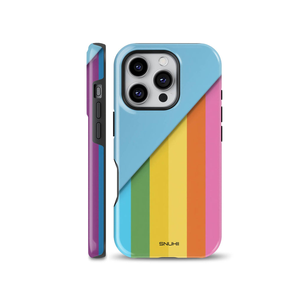 Bright retro color block rainbow striped phone case shown on an iPhone, available for iPhone, Samsung Galaxy, and Google Pixel models.