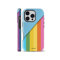 Bright retro color block rainbow striped phone case shown on an iPhone, available for iPhone, Samsung Galaxy, and Google Pixel models.