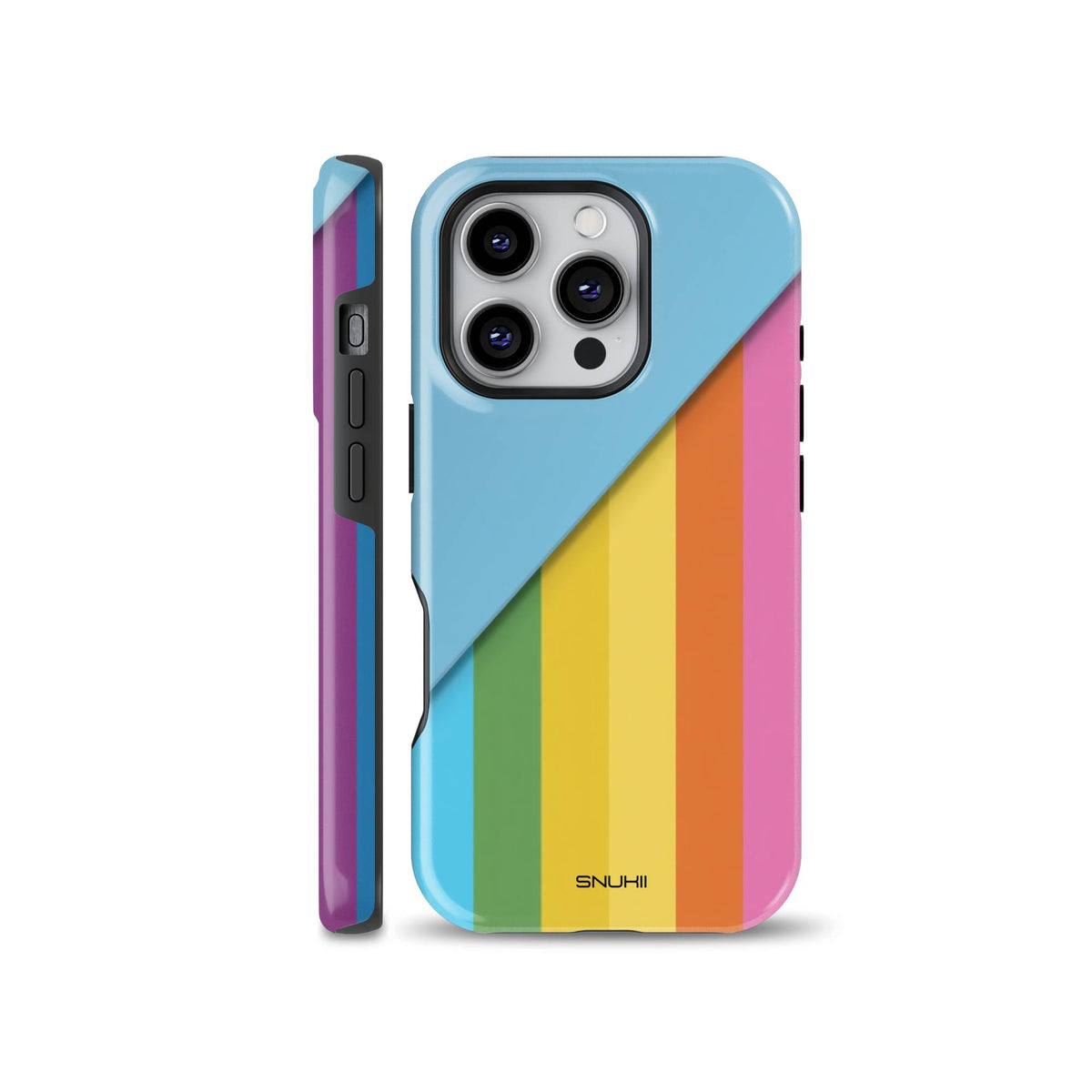 Bright retro color block rainbow striped phone case shown on an iPhone, available for iPhone, Samsung Galaxy, and Google Pixel models.
