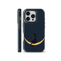 Dark blue phone case featuring an illustration of a black cat sitting on a yellow crescent moon, available for iPhone, Samsung, and Pixel.