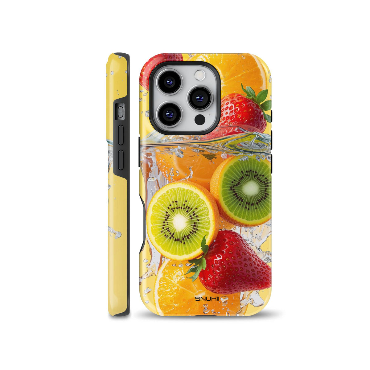 Vibrant summer fruit phone case featuring strawberries, kiwi slices, and oranges in fresh water splashes, available for iPhone, Samsung, and Pixel.