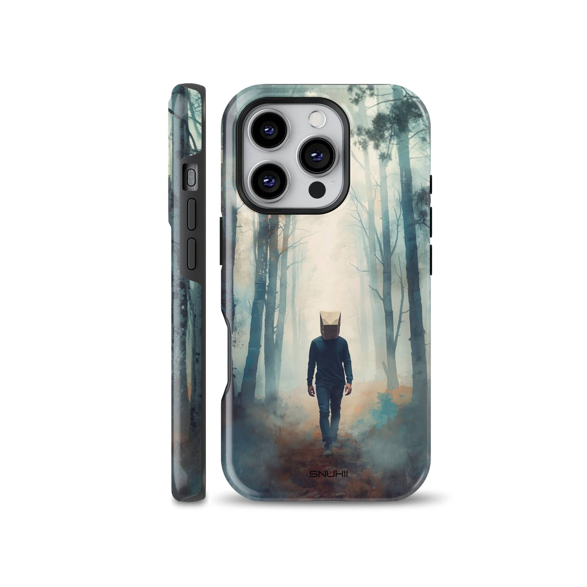 Atmospheric phone case with a surreal illustration of a person with a paper bag on their head walking through a misty foggy forest, available for iPhone, Samsung, and Pixel.