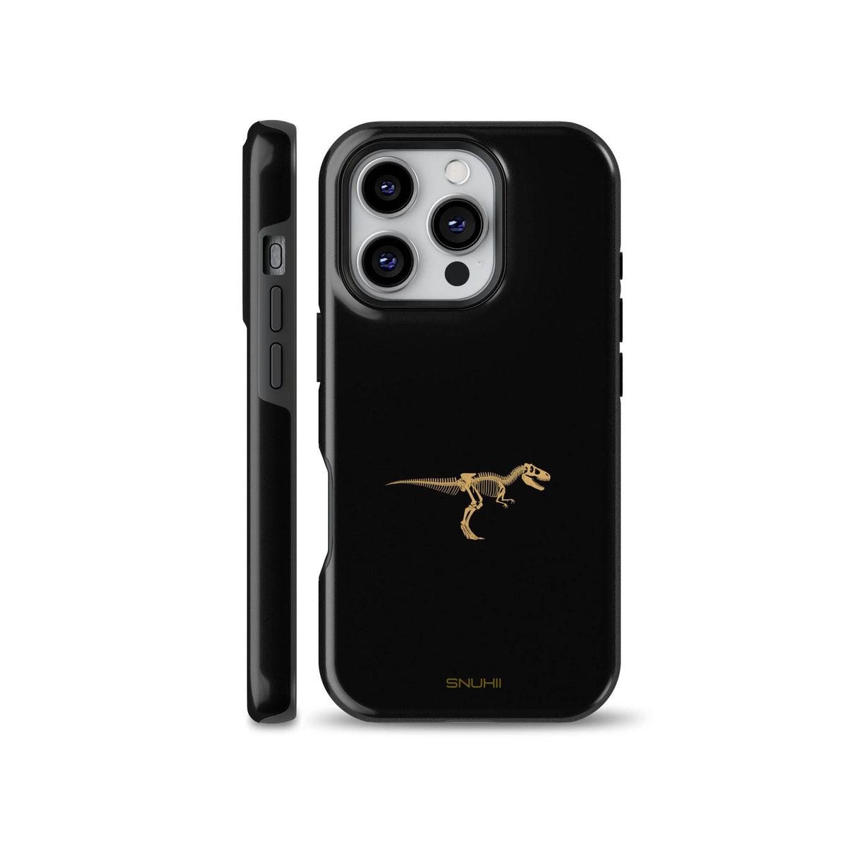Sleek black phone case featuring a minimalist gold T-Rex dinosaur skeleton illustration, available for iPhone, Samsung Galaxy, and Google Pixel models.