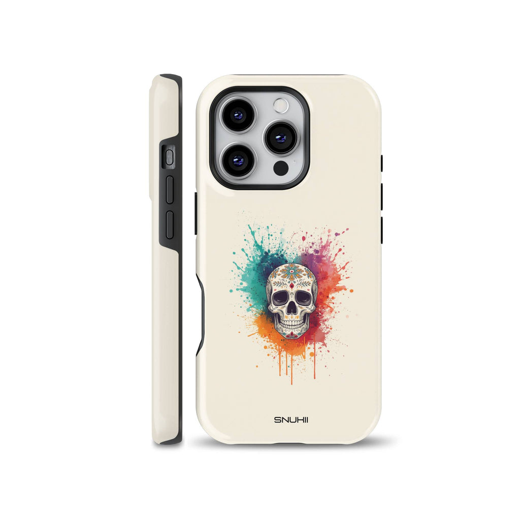 Cream phone case featuring a detailed skull illustration surrounded by vibrant watercolor paint splashes, available for iPhone, Samsung, and Pixel.