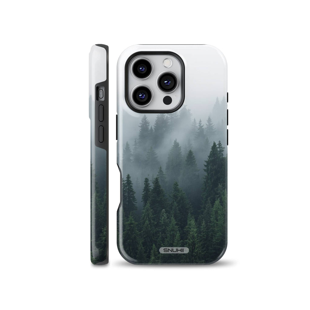 Atmospheric phone case featuring a realistic photo of a dense green pine forest enveloped in thick misty fog, available for iPhone, Samsung, and Pixel.