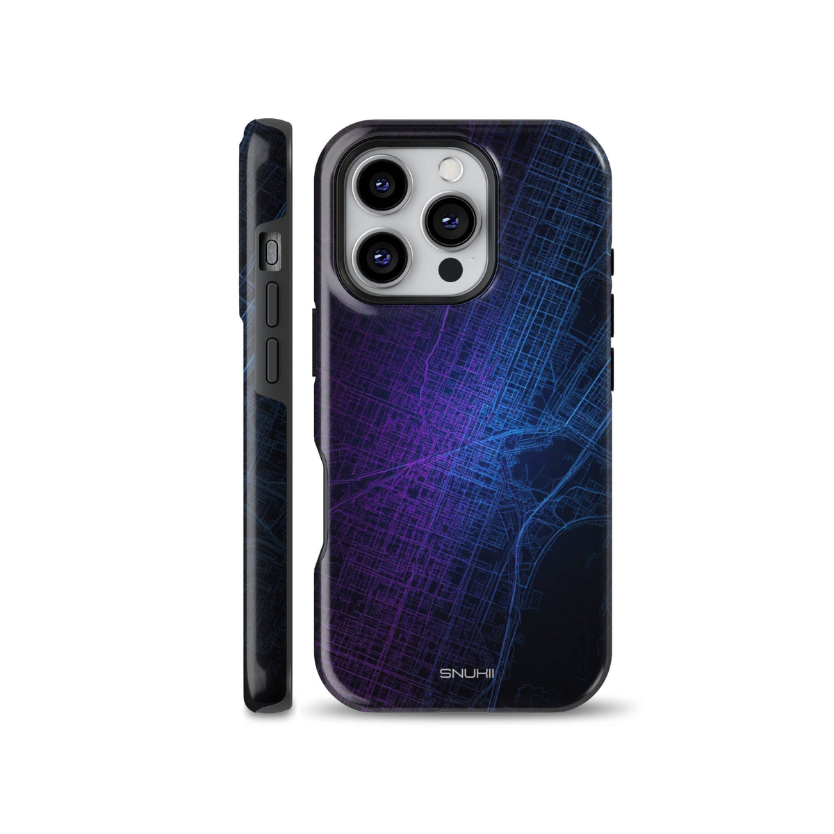 Futuristic phone case featuring a blue and purple neon city street map layout design, available for iPhone, Samsung Galaxy, and Google Pixel models.
