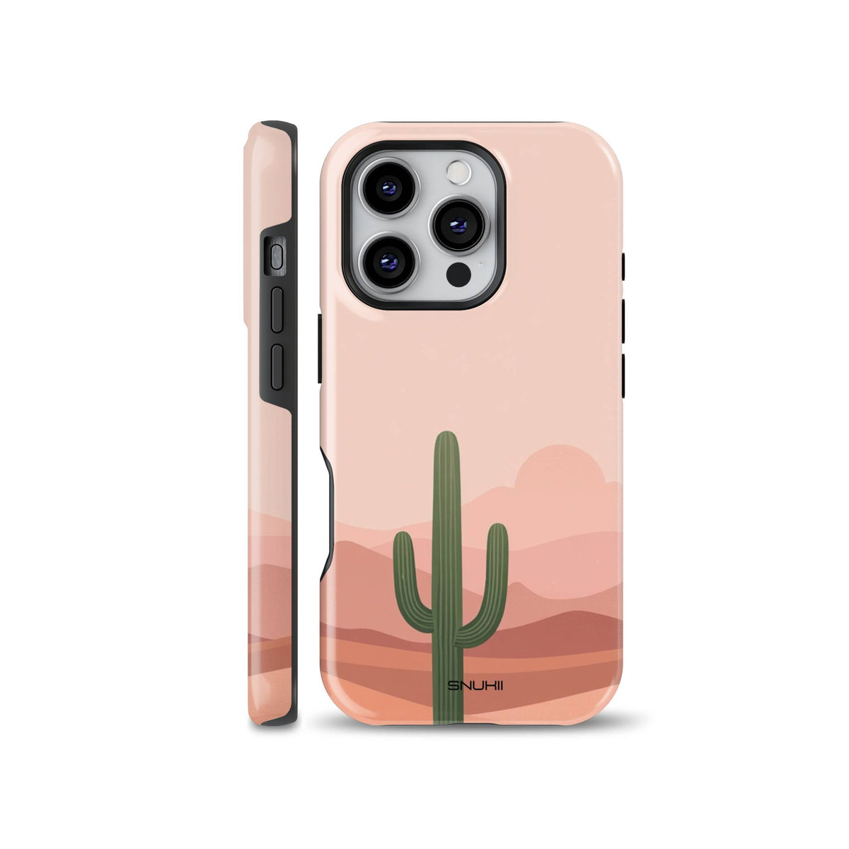Minimalist boho phone case featuring a green saguaro cactus illustration against a warm pink desert landscape background, available for iPhone, Samsung, and Pixel.