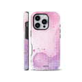 Cute pastel pink and purple ombre phone case featuring a halftone dot pattern, available for iPhone, Samsung Galaxy, and Google Pixel models.