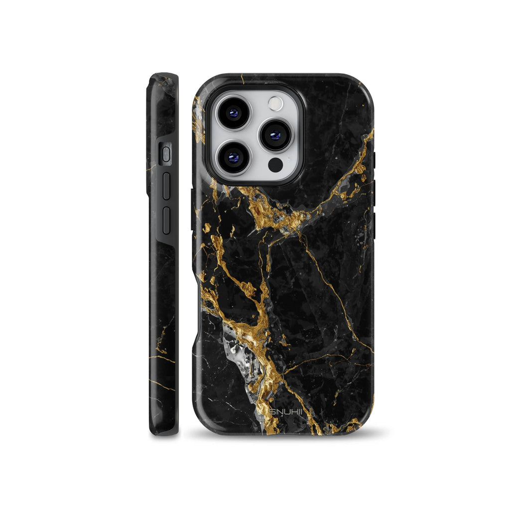Luxury black marble phone case featuring metallic gold foil vein details, available for iPhone, Samsung Galaxy, and Google Pixel models.