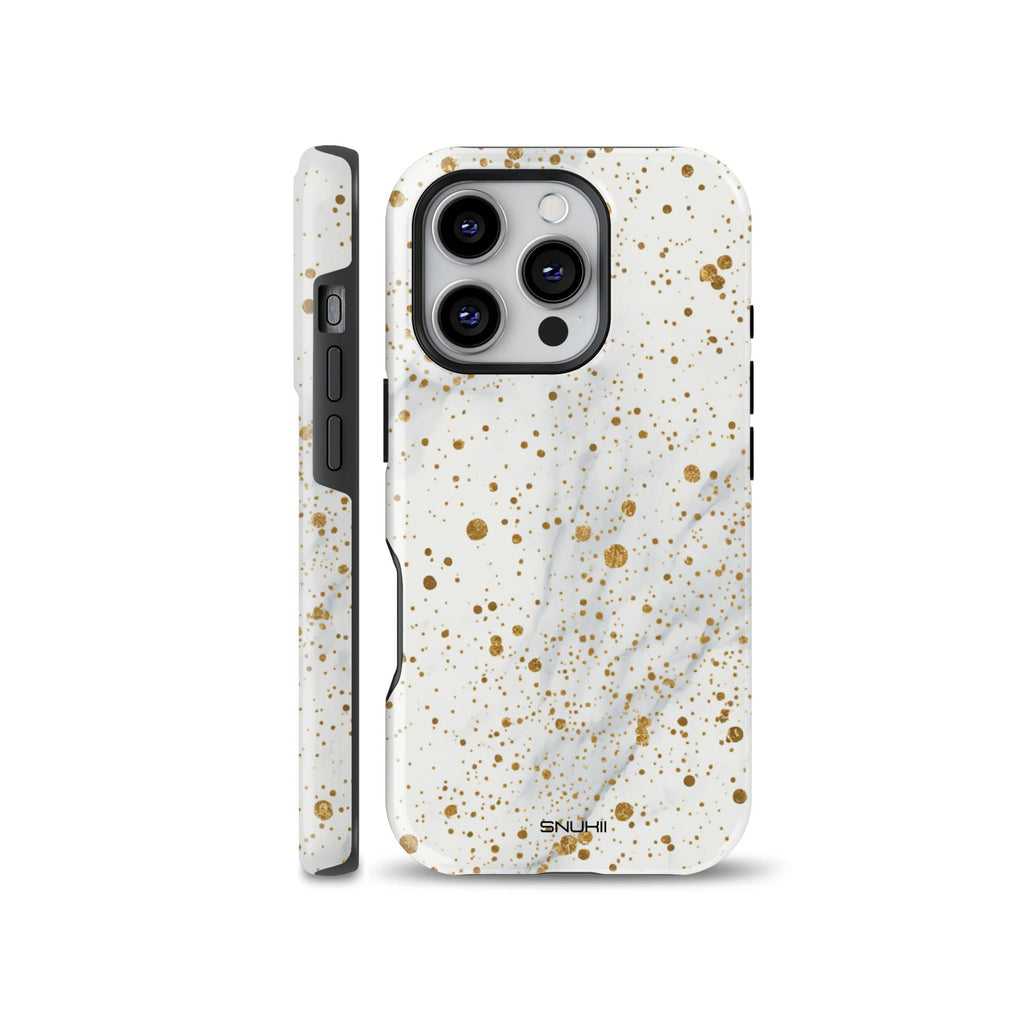 Elegant white marble phone case covered in sparkling gold dots and glitter splatters, available for iPhone, Samsung Galaxy, and Google Pixel models.