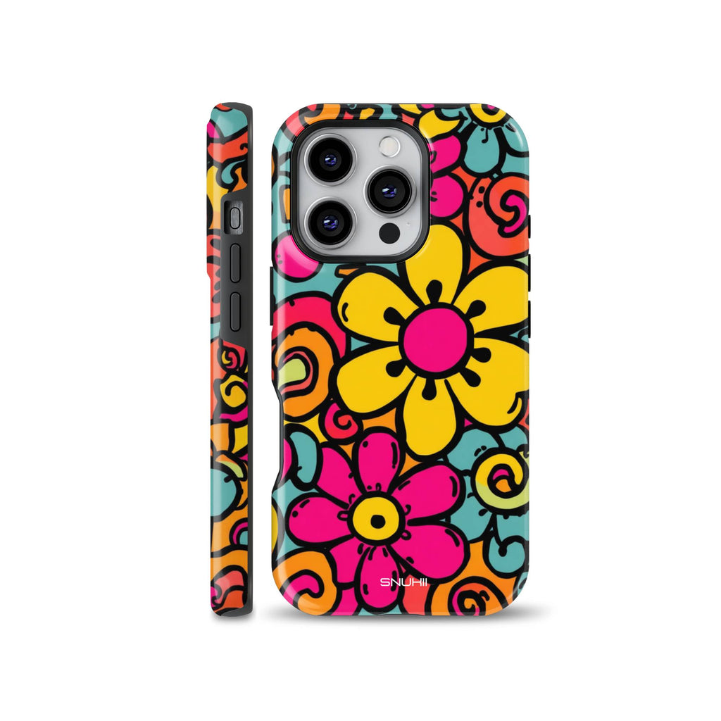 Vibrant 70s groovy retro floral phone case featuring bright yellow and pink flowers with colorful swirls, available for iPhone, Samsung Galaxy, and Google Pixel models.