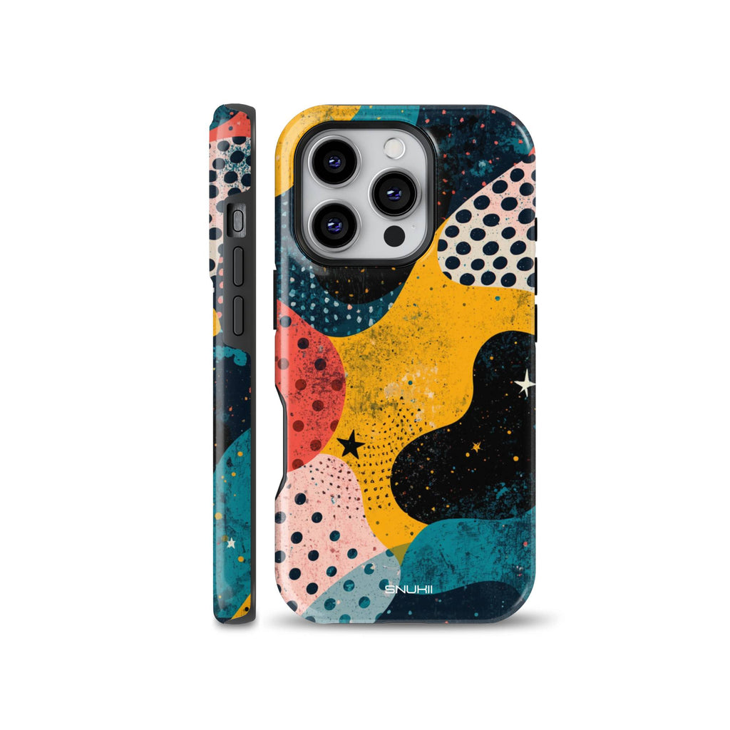 Artistic abstract retro phone case featuring mid-century organic shapes, polka dots, and star patterns in mustard yellow and teal, available for iPhone, Samsung Galaxy, and Google Pixel models.