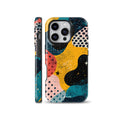 Artistic abstract retro phone case featuring mid-century organic shapes, polka dots, and star patterns in mustard yellow and teal, available for iPhone, Samsung Galaxy, and Google Pixel models.