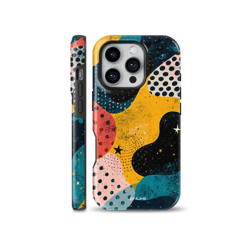 Artistic abstract retro phone case featuring mid-century organic shapes, polka dots, and star patterns in mustard yellow and teal, available for iPhone, Samsung Galaxy, and Google Pixel models.
