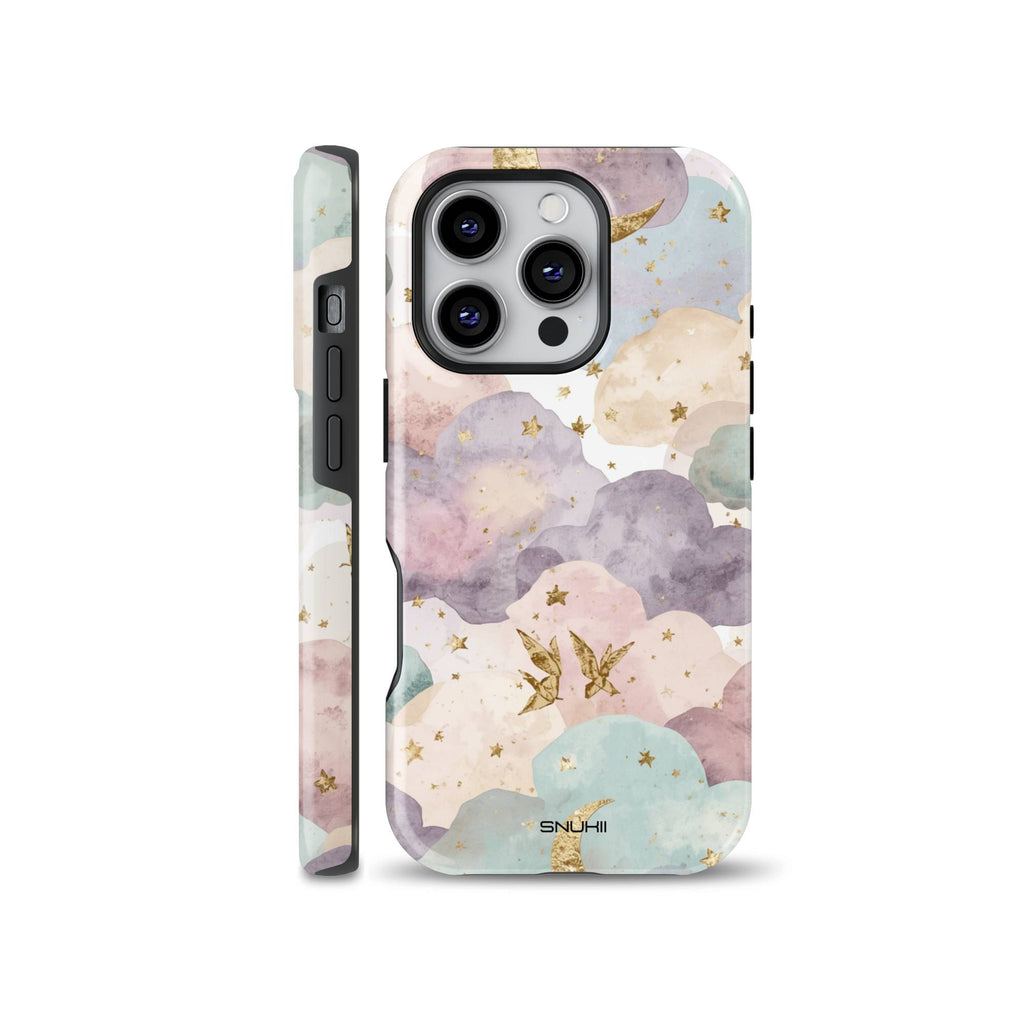 Dreamy pastel watercolor cloud phone case with golden moon and stars pattern, available for iPhone, Samsung Galaxy, and Google Pixel models.