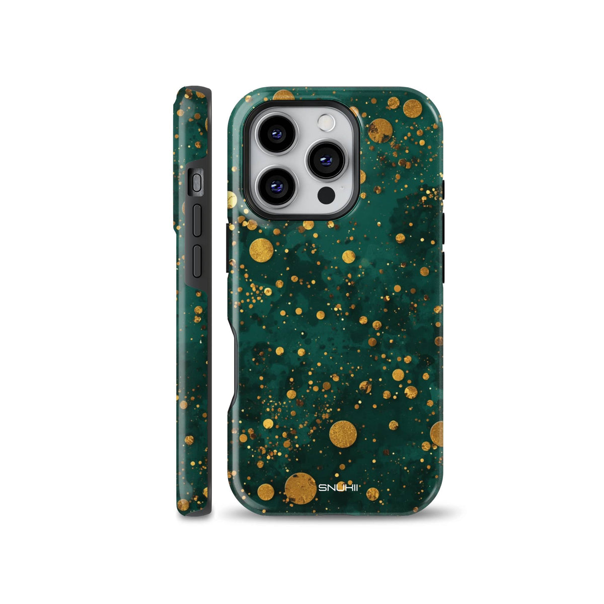 Luxurious emerald green phone case decorated with sparkling gold glitter dots and confetti pattern, available for iPhone, Samsung Galaxy, and Google Pixel models.