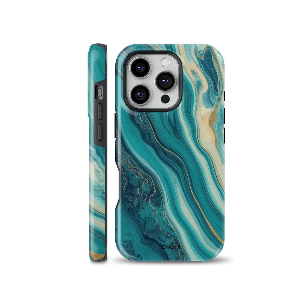 Elegant turquoise and teal green marble phone case with golden vein fluid art pattern, available for iPhone, Samsung Galaxy, and Google Pixel models.